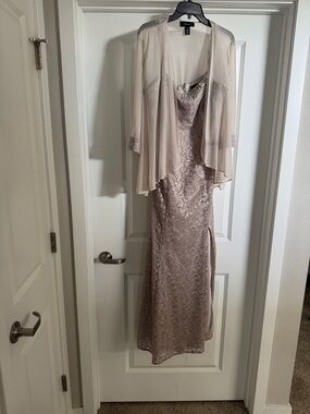 R & M Richards Blush Taupe Lace Maxi Gown with Sheer Jacket